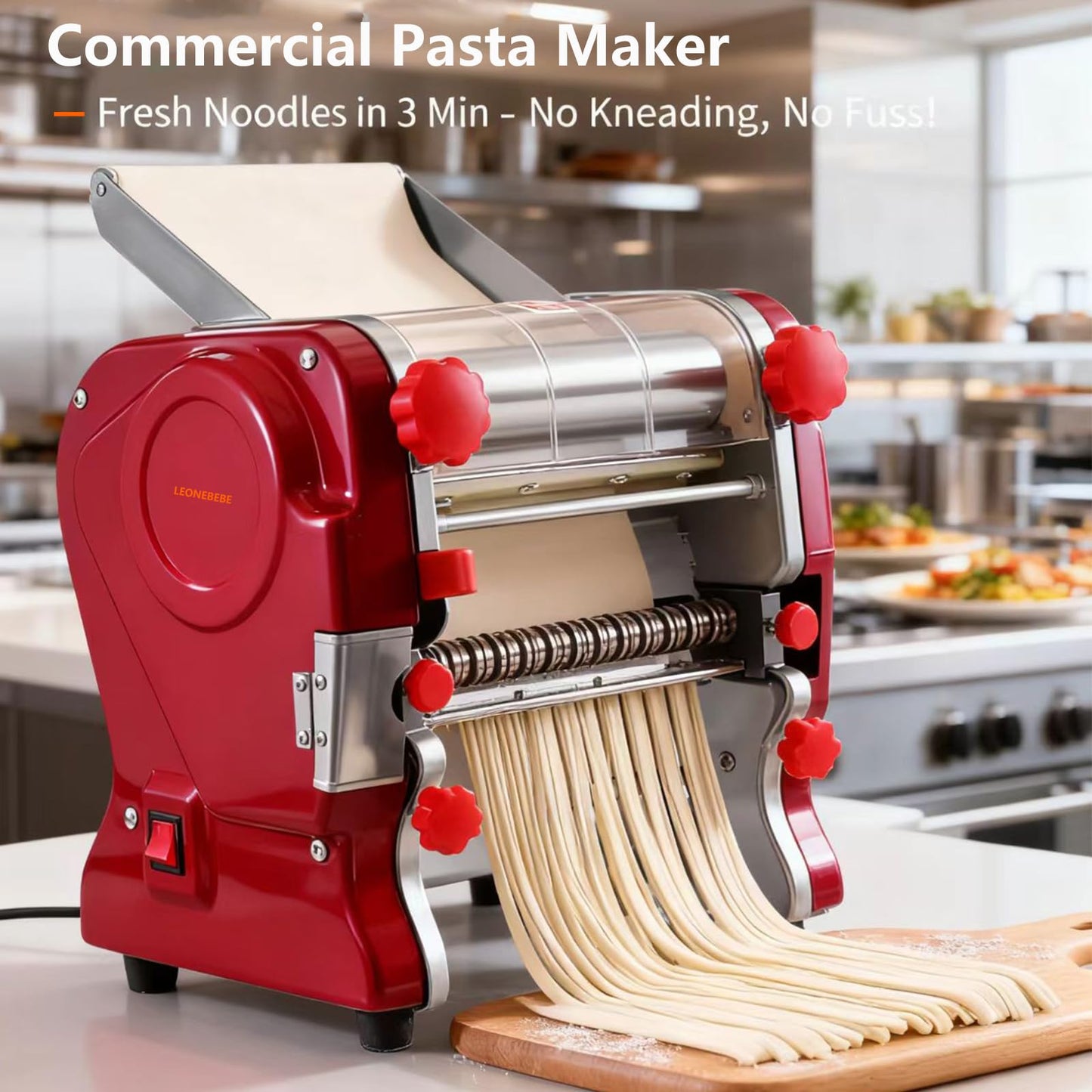 LEONEBEBE Pasta Maker Machine, Electric Commercial Pasta Roller with Stainless Steel Noodle Press, 3/9MM Blades, Dough Thickness Adjustable (0.3-5mm) for Spaghetti Lasagna Linguine Restaurant Use