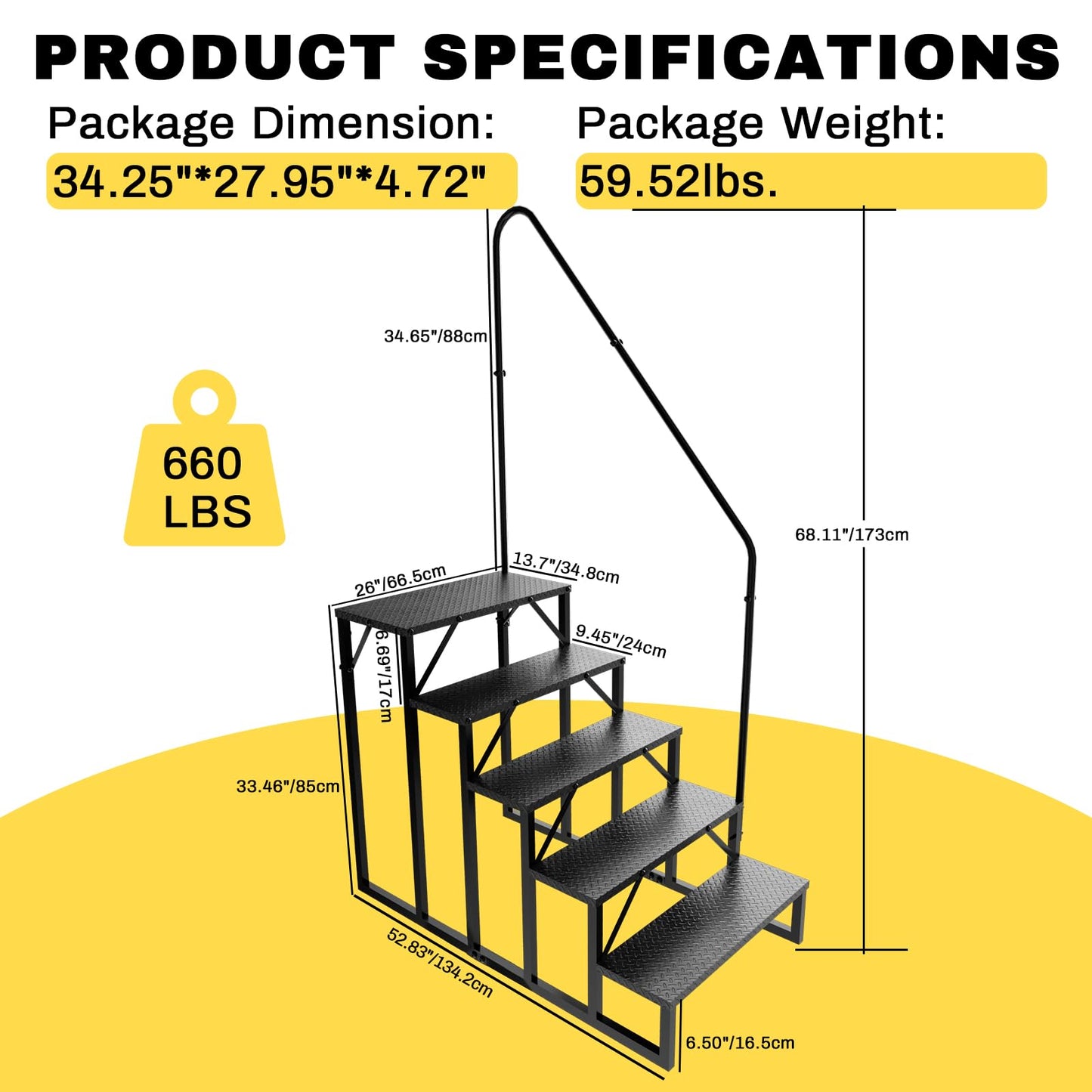 RV Steps with Handrail, Hot Tub Steps Outdoor, 5 Step Ladder Stool, RV Stairs with Anti-Slip Panel, Camper Steps for Spa, Travel Trailers, Pool and Porch