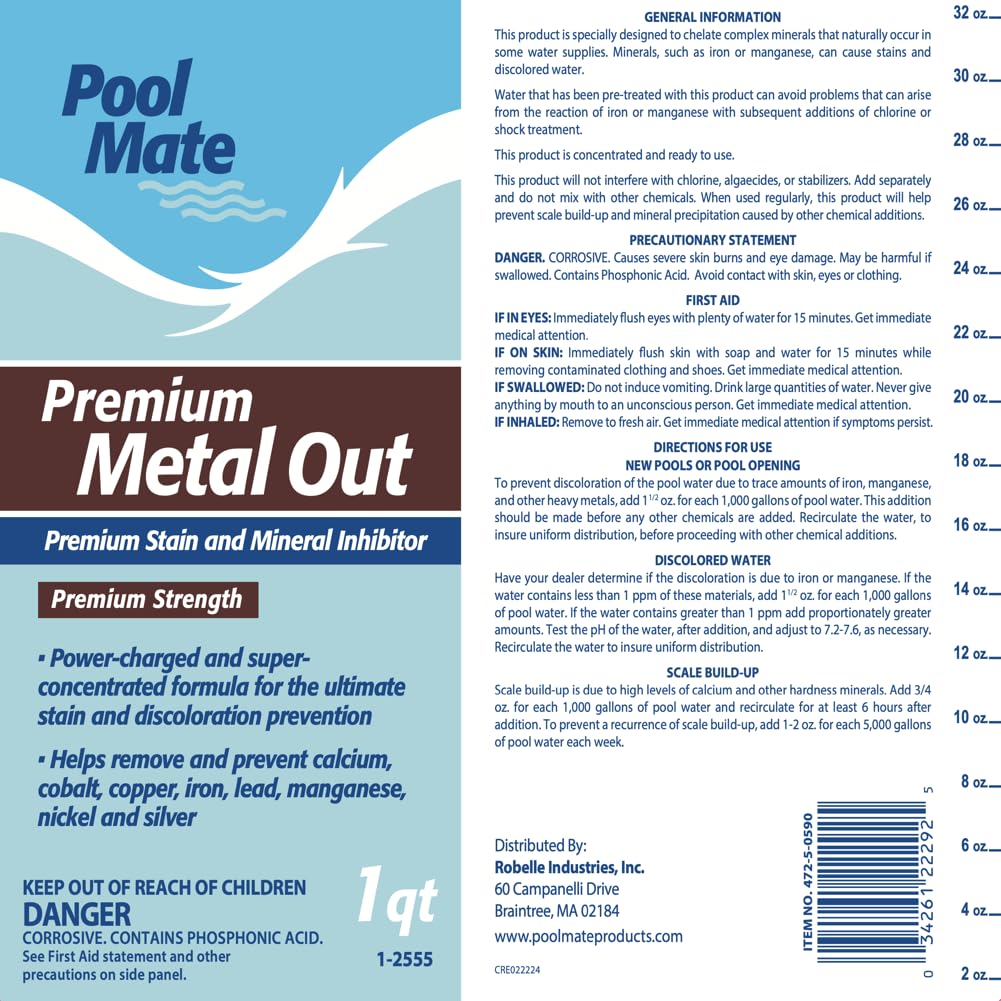 Pool Mate 1-Quart Premium Metal Out Stain and Mineral Inhibitor, Pool Metal Remover, Stain Remover, Made in USA