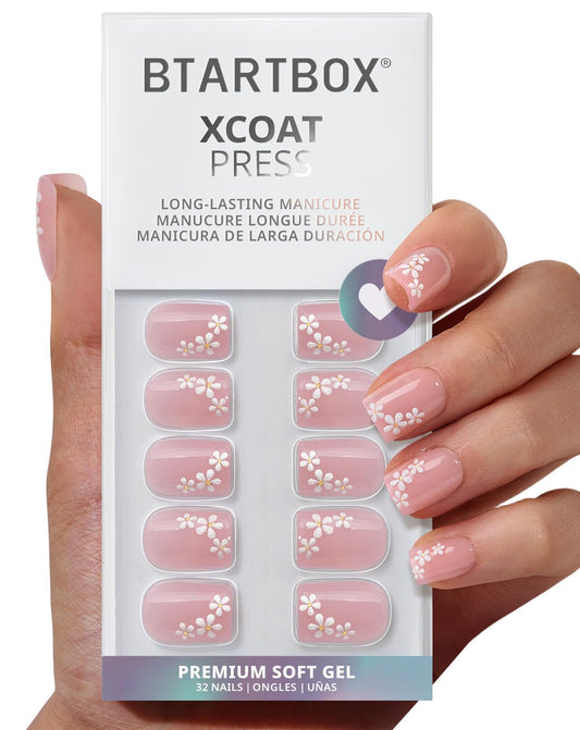 BTArtbox Press On Nails Short - Wrist Corsage, Lamp-Curable 4-Week Wear 3D Flower Pink Square Press On Nails with Glue and Adhesive Tabs, Easy-to-Apply in 16 Sizes - 32 Nails All-in-One Kit