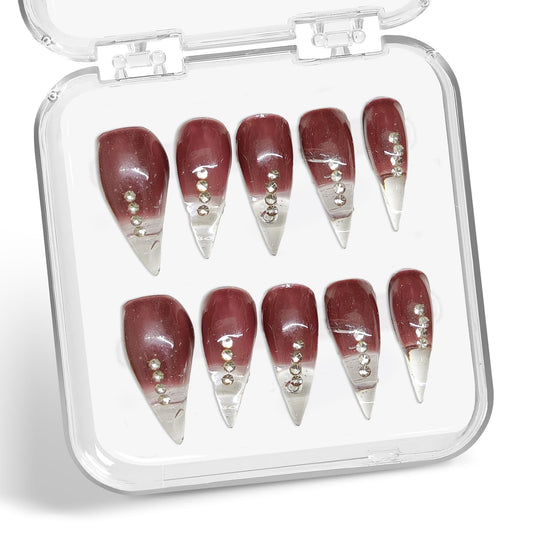 Handmade Press on Nails Curved Stiletto Fake Nails Eagle Claw Art Design Dragon Claw False Nail Wine Red Glitter French Tip Acrylic Nail Glossy Stick on Nail for Women (S)