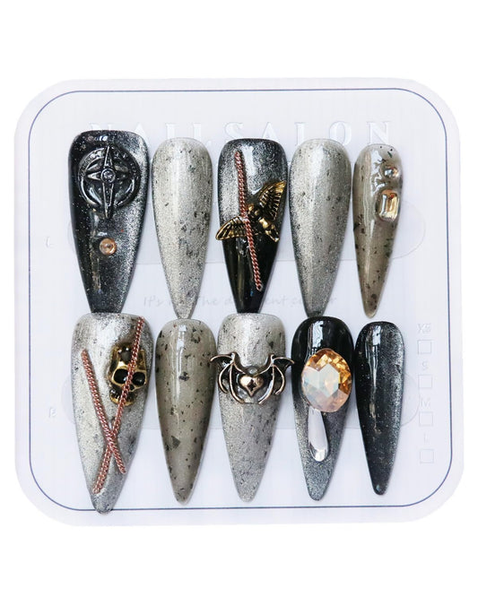 CAMILCY Press on Nails Handmade Nails Luxury Reusable Fake Nails For Girls long Almond Armor Tip Grey Diamonds HandPainted Salon Loveful Design Acrylic GelUV Finished 3D Nails 10PCS(A001, M)