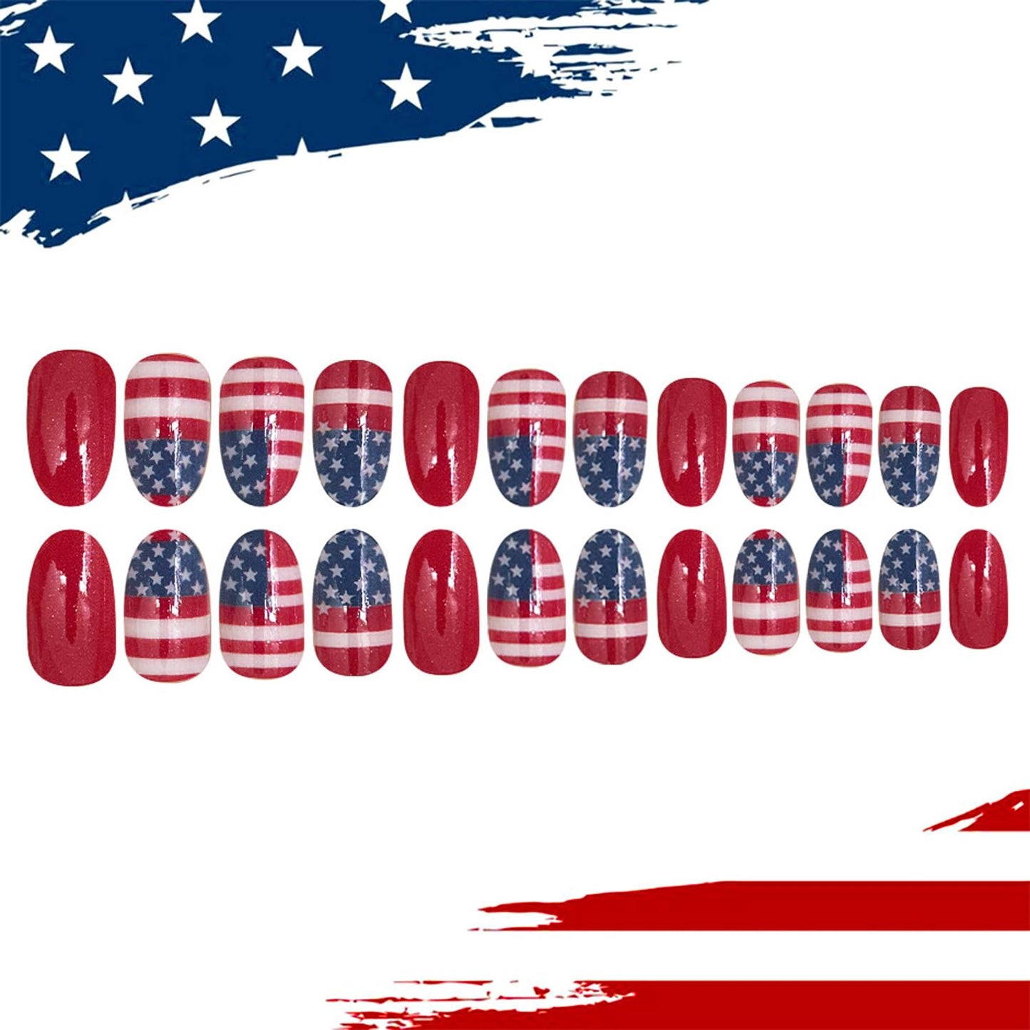 24Pcs Independence Day Press on Nails Short Oval Shaped Star Patriotic Fake Nail USA Flag Red White Stripes Pattern Design 4th of July Glossy Artificial Fingernails Holiday Glue on Nails for Women