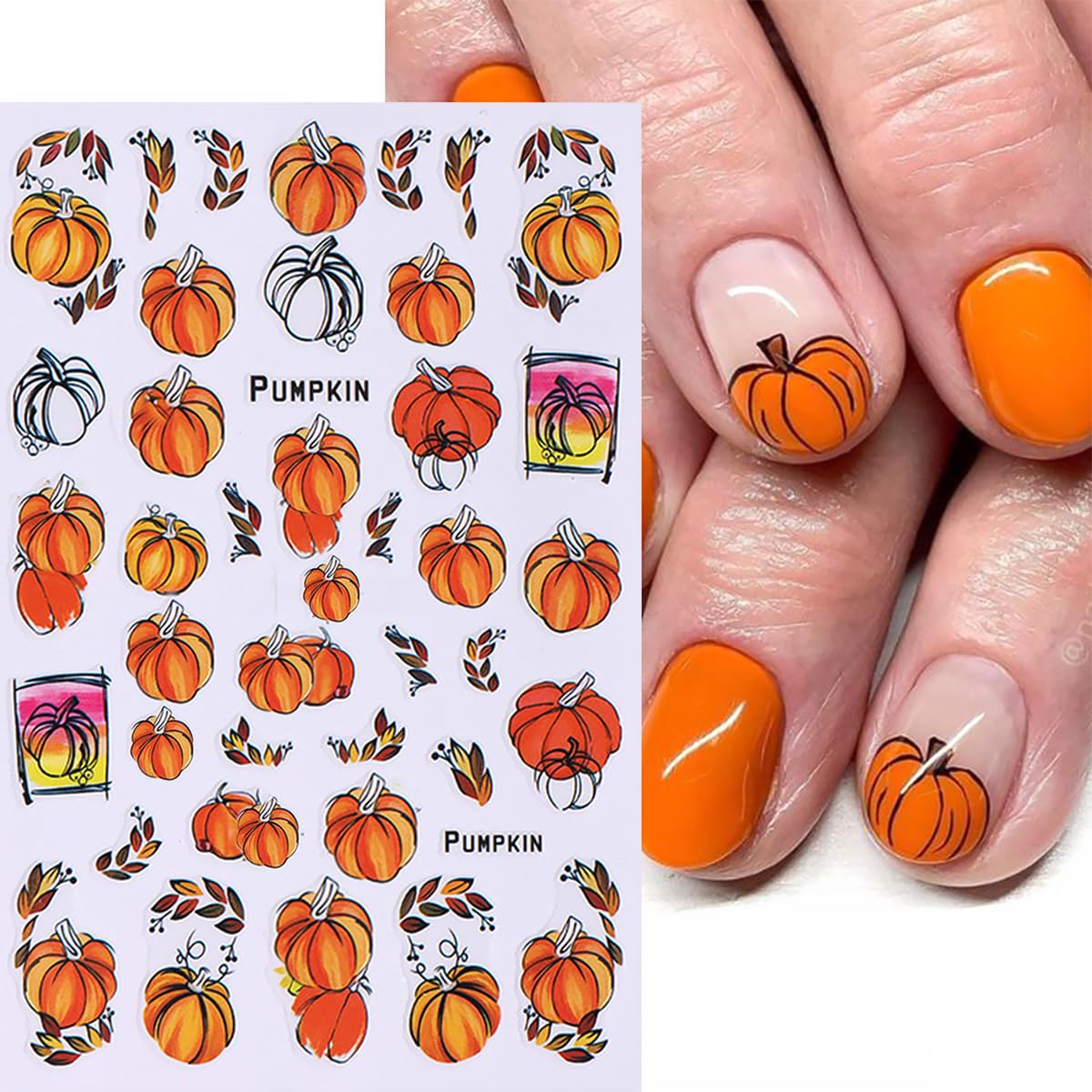 6 Sheets Fall Nail Stickers for Nail Art Pumpkin Maple Leaf Nail Decals 3D Self-Adhesive Thanksgiving Flower Leaves Design Nail Stickers Holiday Nail Art Supplies for Women Autumn Nail Art Decoration