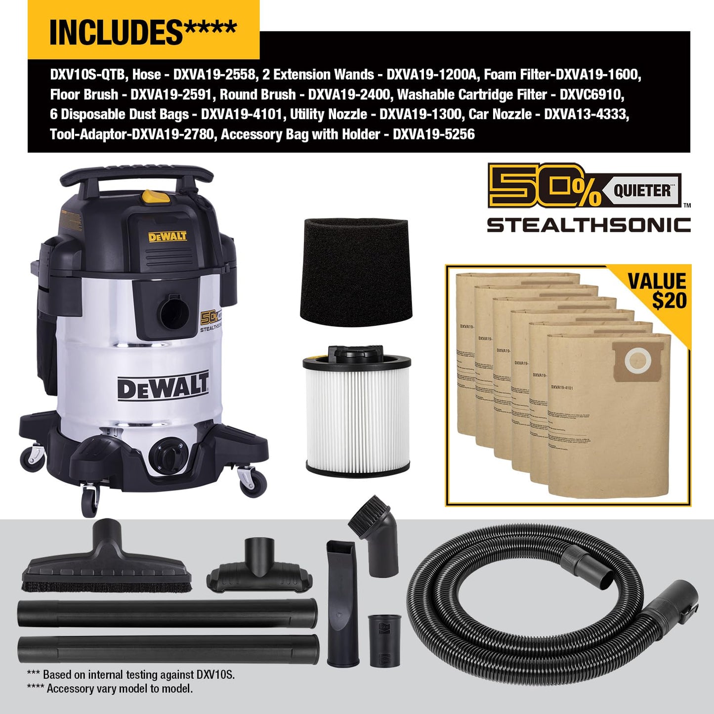 DEWALT 10 Gal Stealthsonic Shop Vacuum Wet and Dry, 5HP Heavy-Duty Stainless Steel Shop Vac, Ultra-Quiet with Complete Accessory Kit & 6 Bonus Dust Bags - Ideal for Job Sites, Workshops & Garages