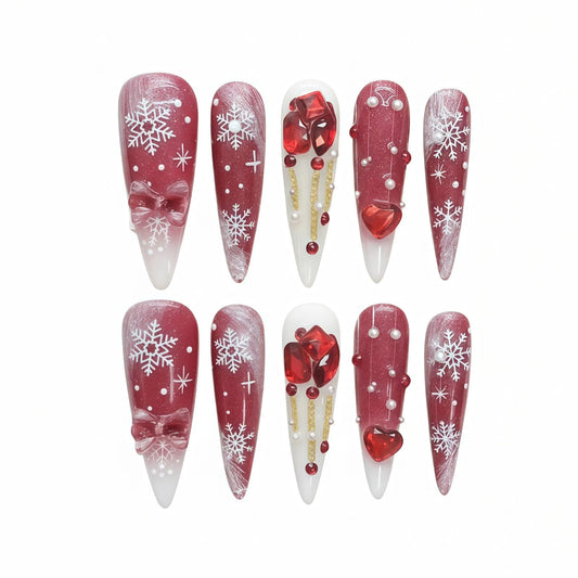 Tesytto Luxury Red Press On Nails Long Stiletto, 3D Heart & Rhinestone Glam Design, Glossy Handmade Fake Nails with Snowflake Detail, Valentine’s Day Winter Acrylic Nails (Snow Falls,S)