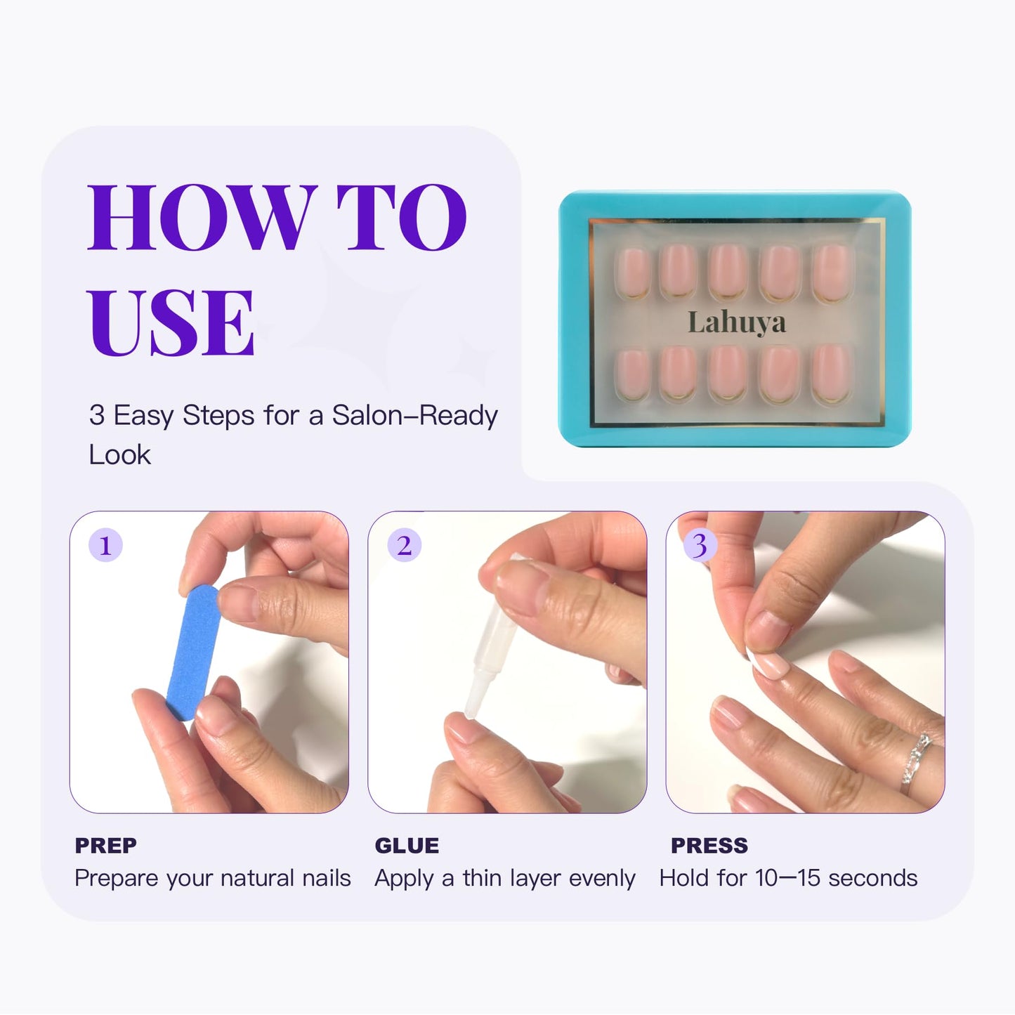Lahuya Press On Nails - Golden Standard | Nail Artist Designed Short Squoval Milky Pink Fake Nails with Minimalist Gold French Edge, Glossy Finish, Salon Quality | 15 Sizes - 30 Nail Kit with Glue