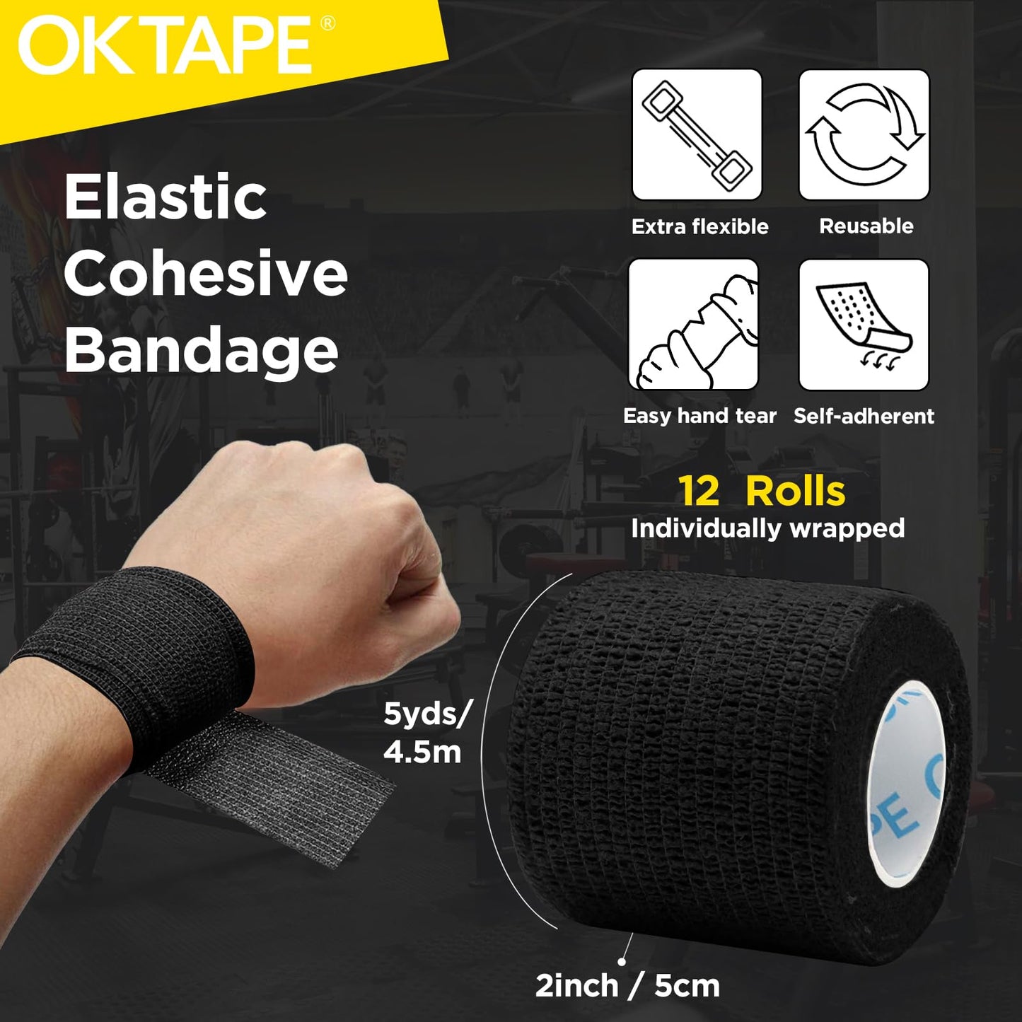 OK TAPE 12 Rolls Self Adhesive Bandage Wrap, Elastic Athletic Tape, Self Stick Bandage Tape, Vet Wrap, Medical Wrap for Wrist, Feet, 2" x 5 Yards - Black"