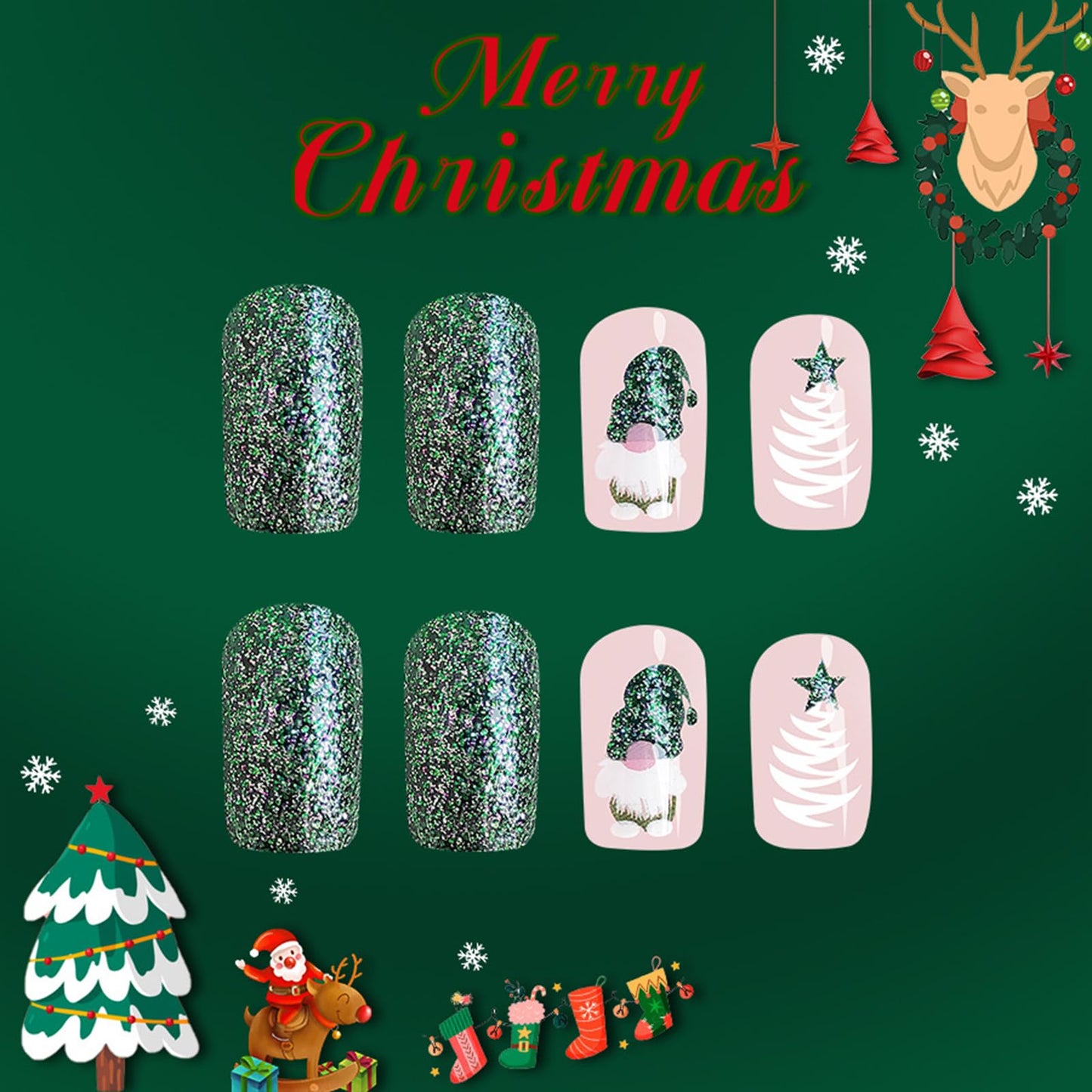 24Pcs Christmas Green Press on Nails Acrylic Full Cover Medium Square Fake with Santa Claus Dwarf Design Glossy False Nails Cute Glue on Stick on Nails for Women