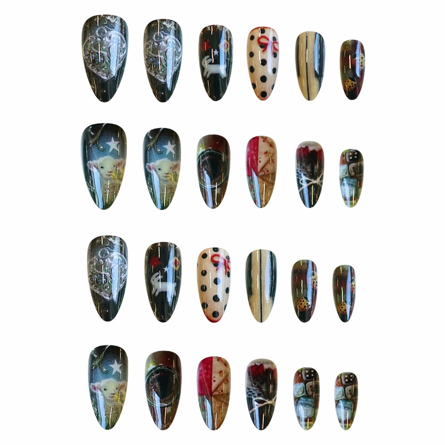 BABALAL Press on Nails Medium Almond Fake Nails Colorful Anime Glue ons Design Rabbit Sheep Flower Y2k Manicure Supplies Handmade Art 24Pcs Glossy Custom Full Cover Acrylic False Nails for Women Girls