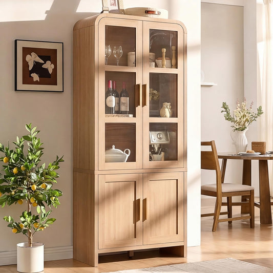 EliteSet 77" Tall Kitchen Pantry Cabinets, Wooden Curved Storage Cabinets with 2 Adjustable Shelves, 1.18'' Panel Freestanding Cupboard for Dining Room, Living Room, Bathroom, Oak, 1Pcs
