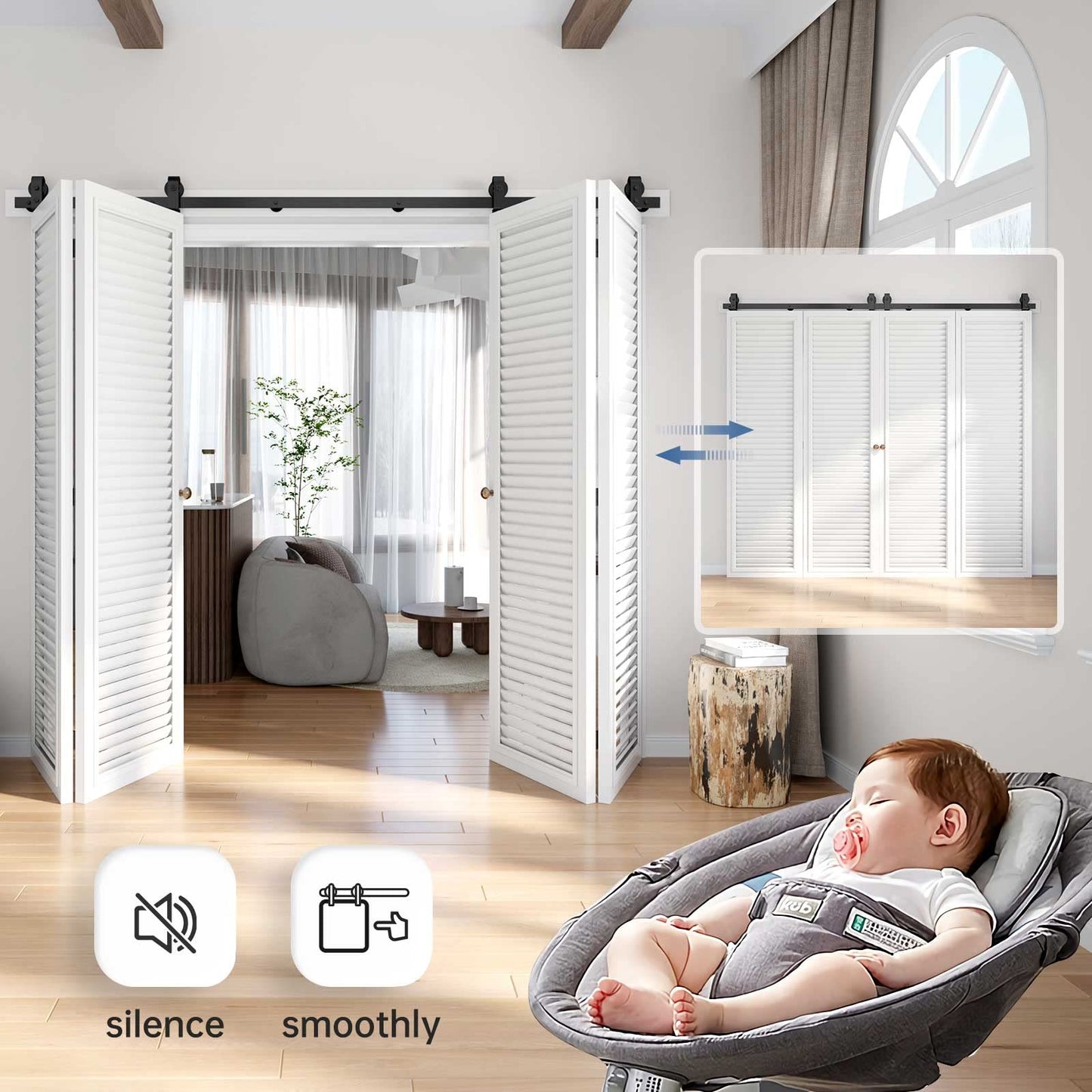 EaseLife 100" Bifold Sliding Barn Door Hardware Track Kit for 4 Closet Door,Top Mount Roller,Slide Smoothly Quietly,Easy Install,Black,Fit for Four 24" Wide Bi-Folding Door (Hardware Only)