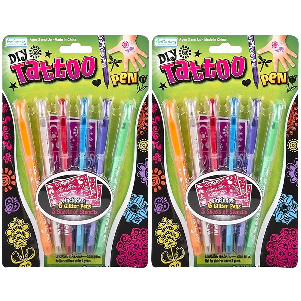 ArtCreativity Shimmery Temporary Tattoo Pens for Kids, 4 Pack, Each Pack with 6 Tattoo Markers & 3 Stencil Stickers, Washable Tattoo Body Ink, Sparkle Girls Fashion Activity, Sparkly Tats Body Art Set
