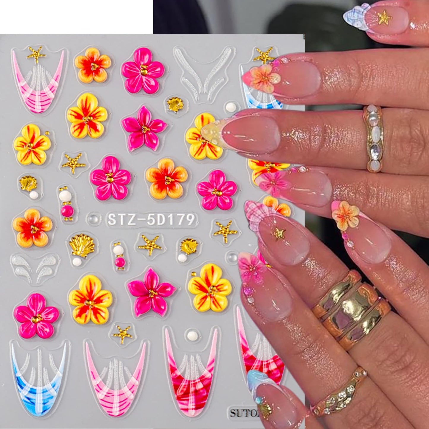 CJDLTS 2 Sheets 5D Flower Nail Art Stickers 5D Relief Self -Adhesive Green Vines with Gradient Flowers Nail Decals Holographic Ripple French Nails Stickers for Women Acrylic Nails Decoration Supplies