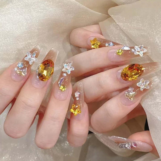 Hkanlre Long Coffin Fake Rhienstones Nails Tips Bling Gradient Press on Nails Full Cover False Nails for Women 24PCS