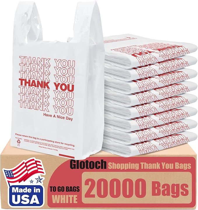 Glotoch 20000 Count (20K) Plastic Thank You Bags in Bulk for Small Business in Bulk, 11.5 x 6.5 x 21 White Grocery Bags with Handles for Restaurant, Retail, Grocery, Takeout, Stores, T-shirt Shopping