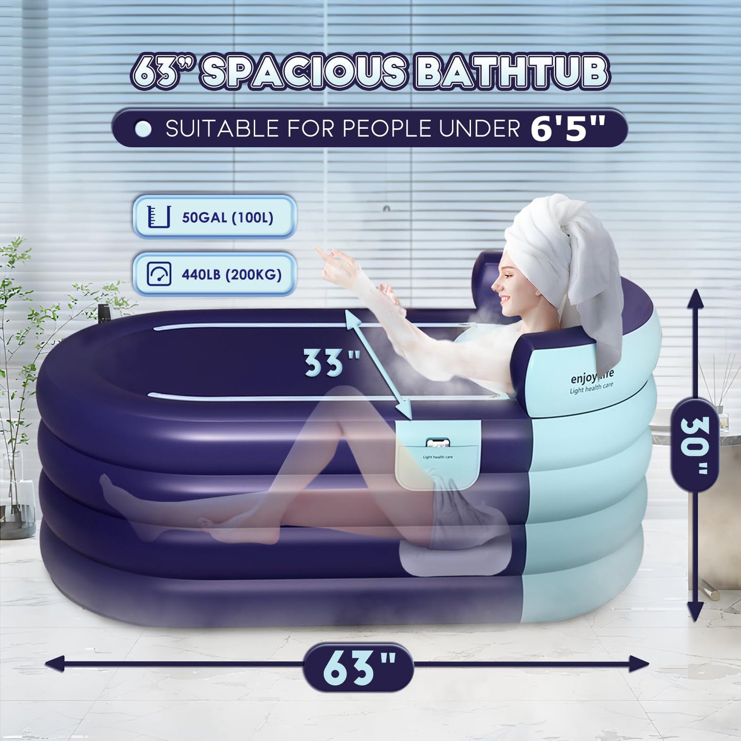 Hapyvergo Inflatable Bathtub Adult 63'' Portable Blow Up Bath Tubs with Cordless Air Pump, Ideal for Hot Ice Bath, Quick Drain Design with 9'10'' Long Hose, Phone Pocket, Water Cushion (Blue)