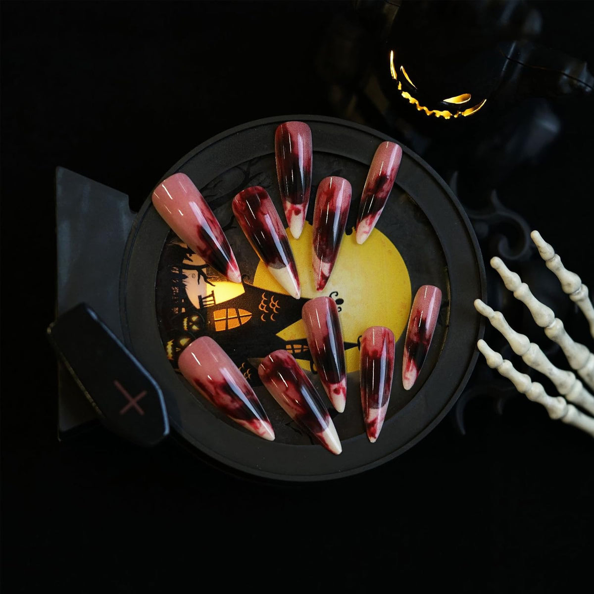 IMSOHOT Long Stiletto Press on Nails Red Ombre White French Tips Fake Nails Glossy Acrylic False Nails Full Cover Halloween Nail Supplies Glue on Nails for Women 24Pcs