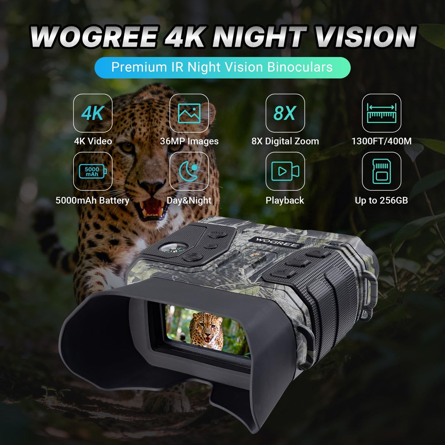 WOGREE Night Vision Goggles, 4K Night Vision Binoculars for Adults, 36MP, 1300FT Range,8X Digital Zoom, 5000mAh Battery, Flashlight & Compass, Infrared Vision, 32GB Card, for Camping & Security