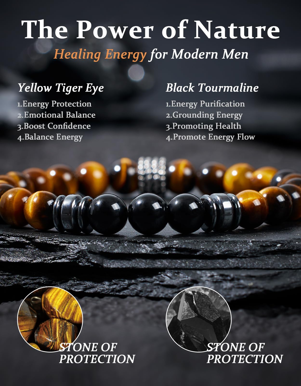 Landorilo Gifts for Men, 8mm Natural Stone Beaded Bracelets, Tiger's Eye & Black Tourmaline Healing Bracelet, Handmade Mens Jewelry Gift for Him, Husband, Son, Father, Friend(To My Son-8.3in)