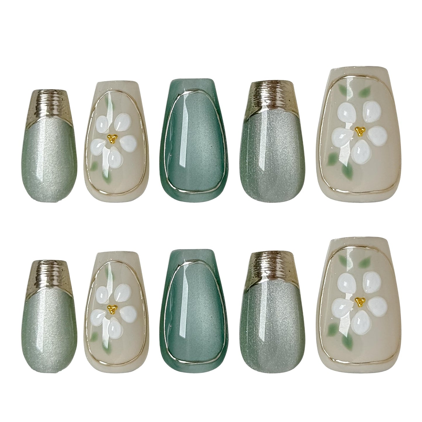 Daisy Meadow 10pcs Press On Nails, Soft Green Gradient & Creamy Nude Floral Press-Ons, Pastel Spring Acrylic/UV Gel Fake Nails for Women, Summer Fresh Style Wearable Nails (green, SS)