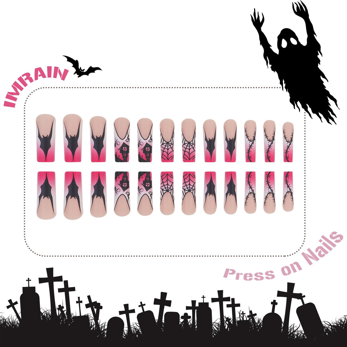 IMRAIN Halloween Press on Nails Long Square False Nails Pink French Tip Fake Nails with Black Spider Web, Bat, Castle Design Full Cover Artificial Acrylic Glue on Nails for Women