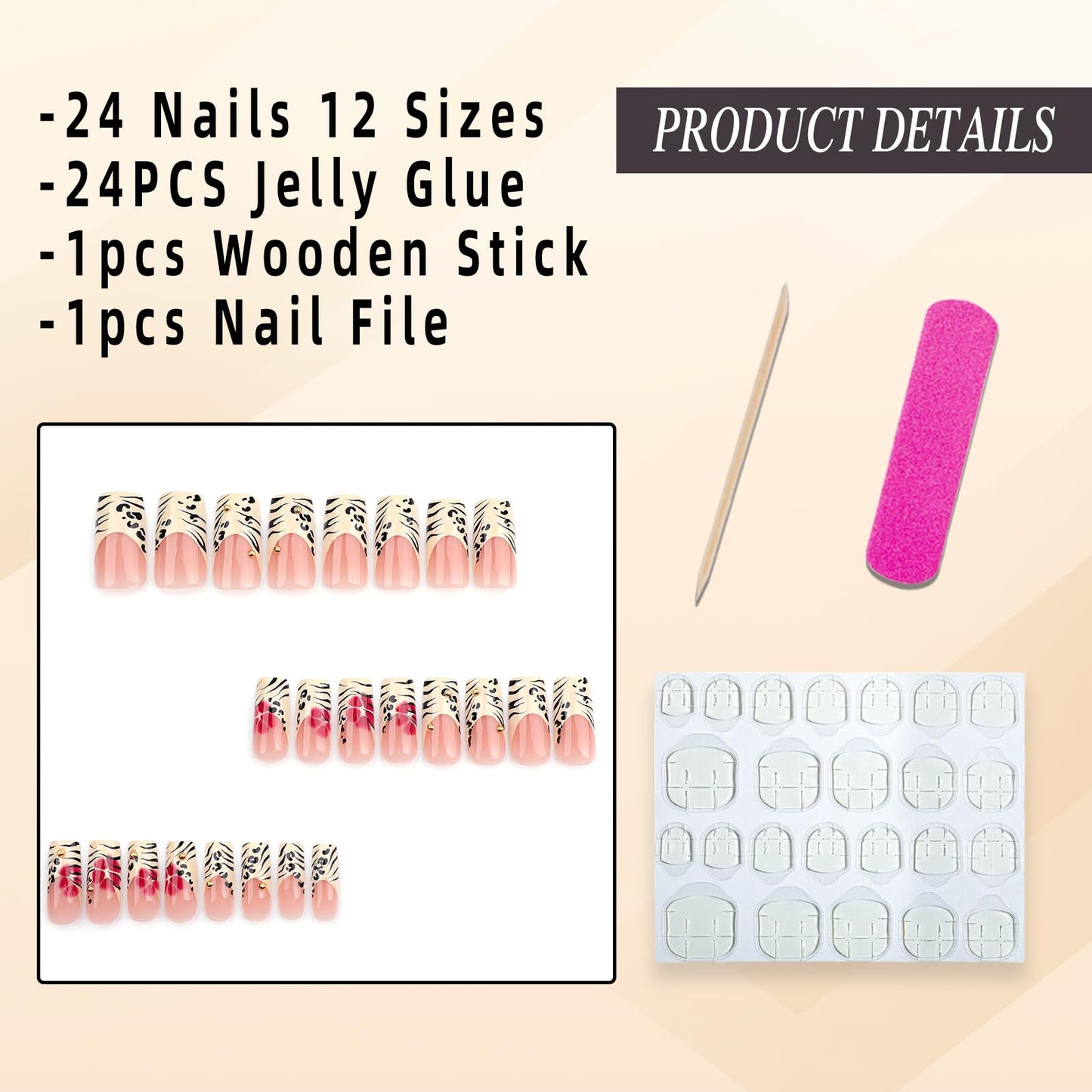 Jremg Leopard Print French Tip Press on Nails Long Square Fake Nails with 3D Gold Pearl Designs Glossy Red Flower Full Cover Glue On Nails Reusable Coffin Autumn Winter False Nails for Women 24Pcs