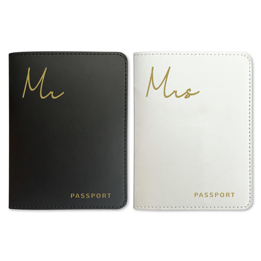 HubbyWifeyGifts Mr and Mrs Passport Holder Set, PU Leather Passport Cover with RFID Blocking, Honeymoon Essentials for Travel, Engagement Gifts for Couples