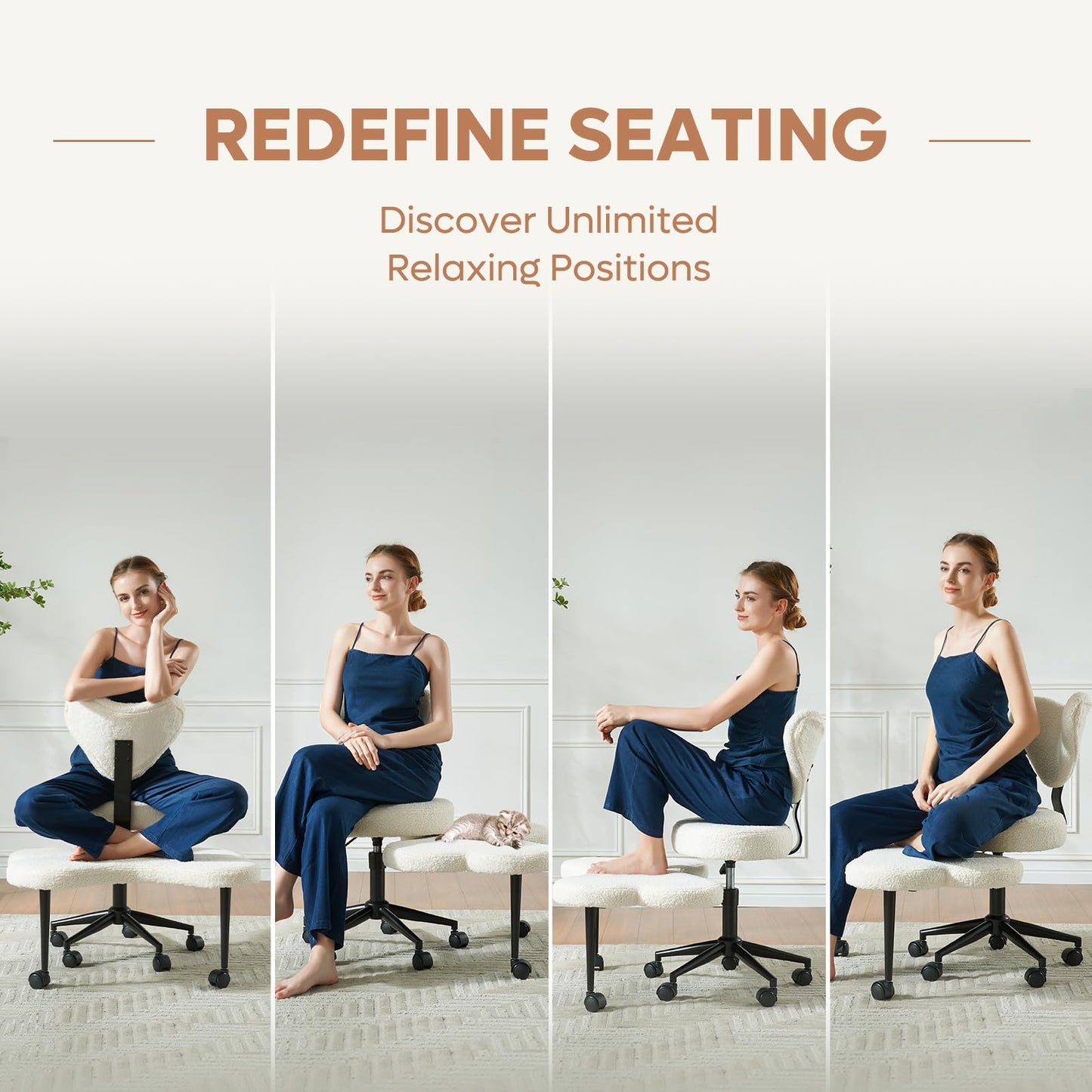Pinmoco Ergonomic Cross Legged Chair, 360° Swivel Meditation Chair with Wheels, Height Adjustable Seat for ADHD, Strong Lumbar Support, Chic Home Office Furniture, Teddy Fabric, Off White