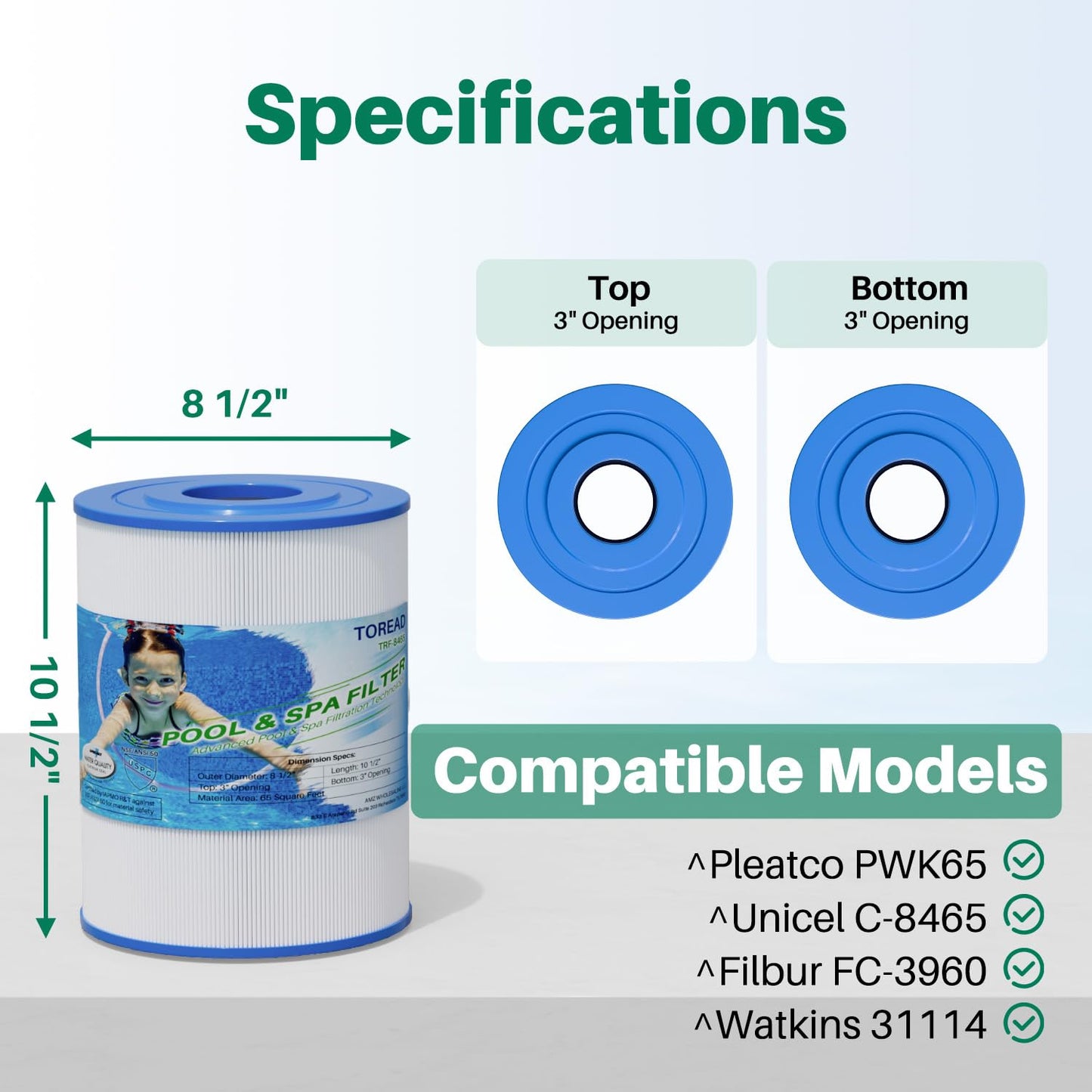 TOREAD NSF-50 Certified Watkins 31114 Replacement Tiger River Spa Filter, Compatible Unicel C-8465, PWK65, Filbur FC-3960, 71827, 71828 Hot Tub Filter, 65 sq. ft Hot Spring Spa Filter 2PACK