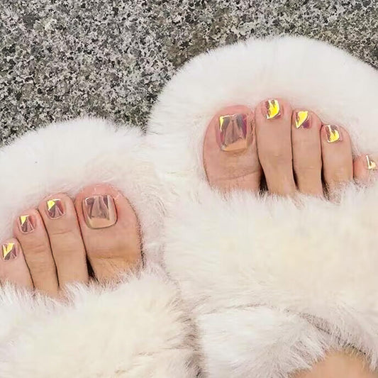 Chrome Press on Toenails Gold Glossy Acrylic Toe Nails Press on Short Square Fake Toenails Finish Full Cover False Toenails with Aurora Powder Designs Cute Artificial Glue on Toenails for Women 24Pcs