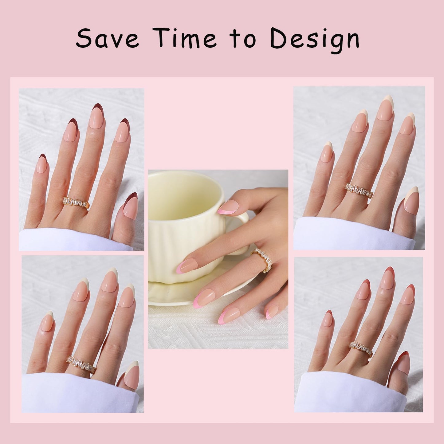 300Pcs French Tip Press on Nails, OPkssnails French Press On Nails Short Almond, Pre-shaped No Need to File 3 in 1 Gel Nail Tips, Acrylic Fake Nails for Nail Art DIY Extension Designs 15 Size