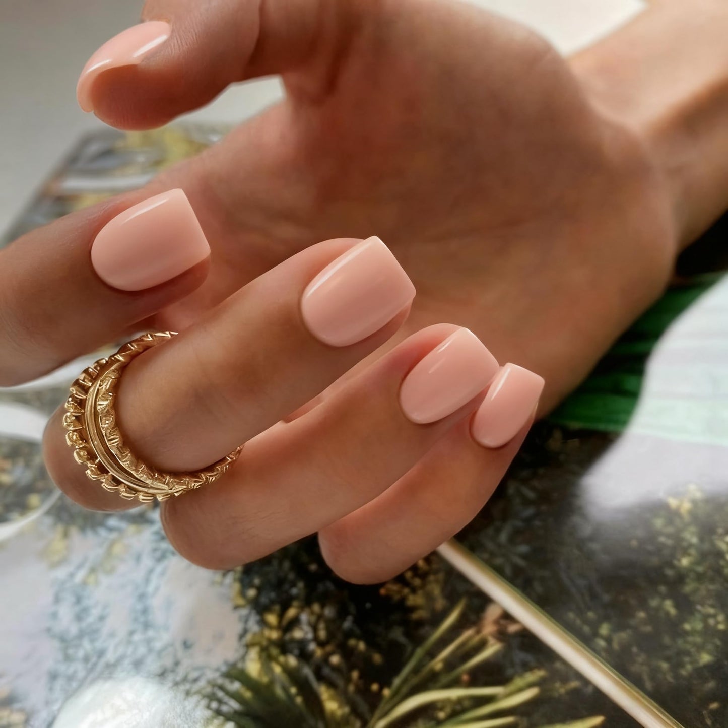 Nude Press On Nails Short Square, KXAMELIE Natural Gel Nails Glue on Acrylic Nails Press ons Featured Protective Coat Thick Reusable Fake Nails Solid Color 24 Short Coffin Artificial Nails