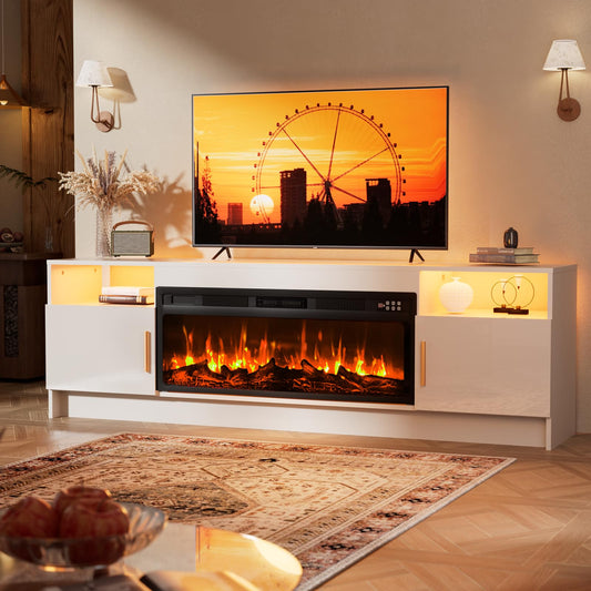Kucreiheat Fireplace tv Stand with 36 inch Fireplace Up to 80" TV, LED Light Entertainment Center and Storage, 70" Modern Wood Media TV Console with Highlight Cabinet for Living Room, White