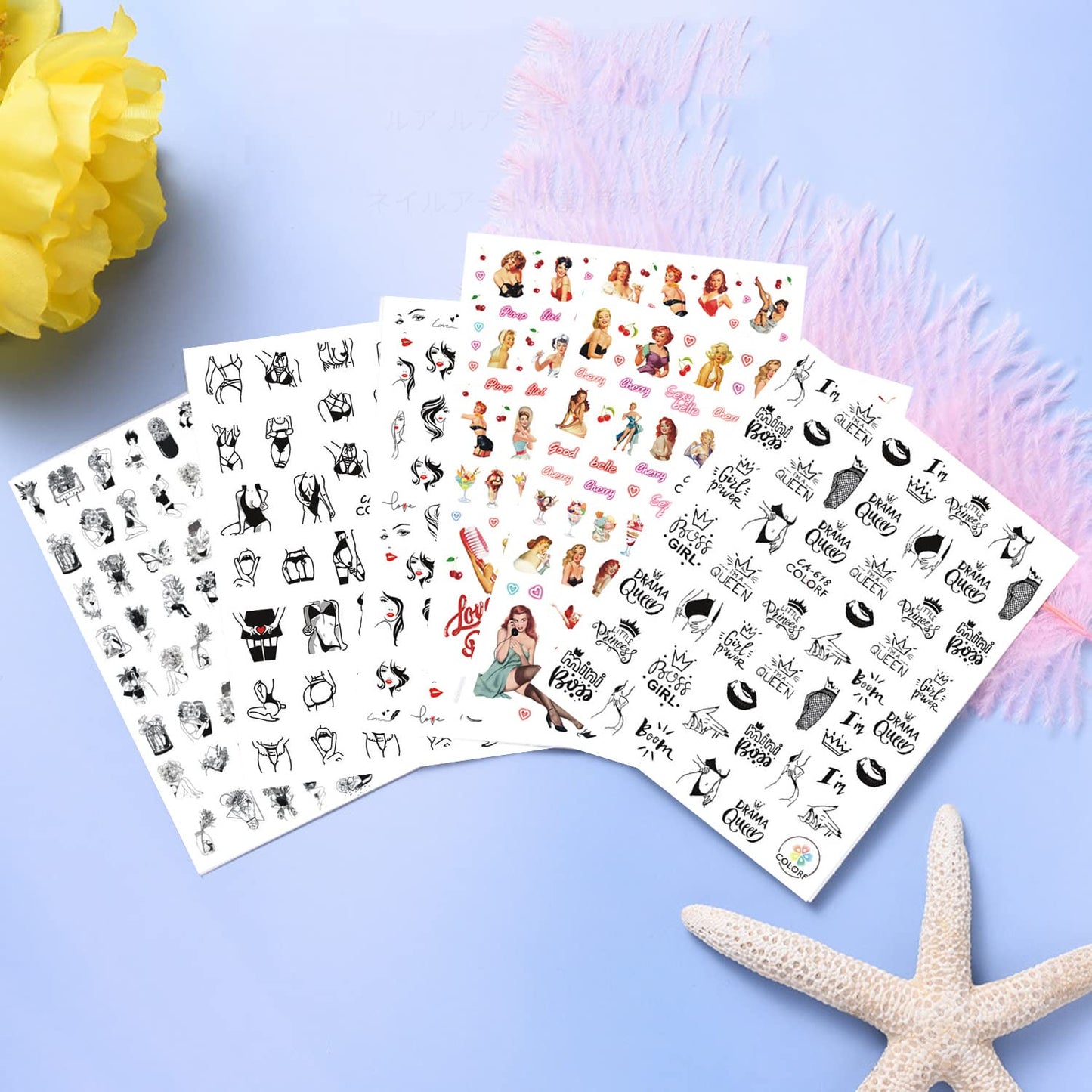 Sexy Girls Nail Art Stickers 3D Nail Self-Adhesive Sticker Design Holographic Glamour Girl Flowers Letters Nail Art Decals Supplies for Women Manicure Nails Charm Decoration DIY Nail Decal(6 Sheets)