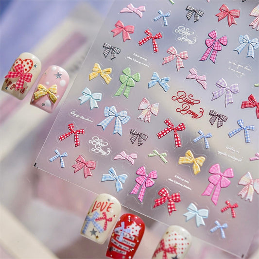 Phuryllic 3D Nail Stickers for Nail Art, Embossed Self-Adhesive Cute Nail Charms & Decals for DIY Nails, Easy-to-Apply Nail Design Supplies & Accessories for Home Manicure-Colorful Bow