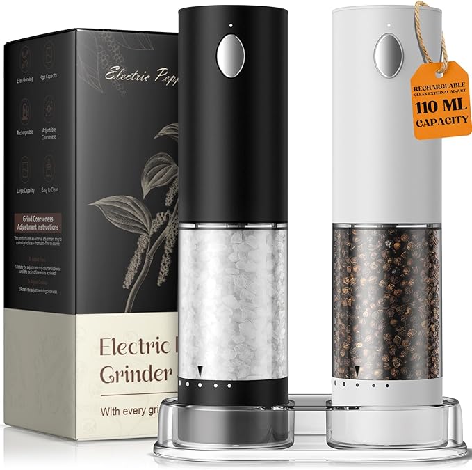 Electric Salt and Pepper Grinder Set, Rechargeable Automatic Salt and Pepper Shaker with 6 Adjustable Coarseness, Large-Capacity Pepper Mill Kitchen Appliances Gifts for Women(BlackWhiteï¼