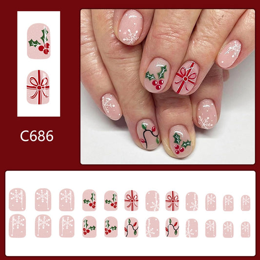 Christmas Press on Nails Winter Snowflake Fake Nails Short Square Xmas False Nail Glossy Reusable Artificial Stick on Nail for Women DIY Manicure 24 Pcs
