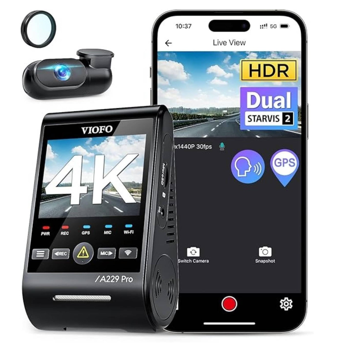 VIOFO A229 Pro 4K HDR Dash Cam, Dual STARVIS 2 IMX678 IMX675, 4K+2K Front and Rear Car Camera, 2 Channel with HDR, Voice Control, 5GHz WiFi GPS, Night Vision 2.0, 24H Parking Mode