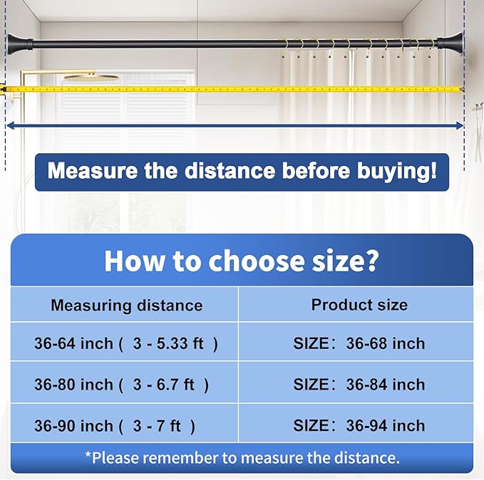 YNL Matte Black Shower Curtain Rod 36-84 Inch(3-7ft), No Slip No Drill Stainless Steel Spring Tension Curtain Rod, No Rust Shower Rod Adjustable For Bathroom Window Bedroom