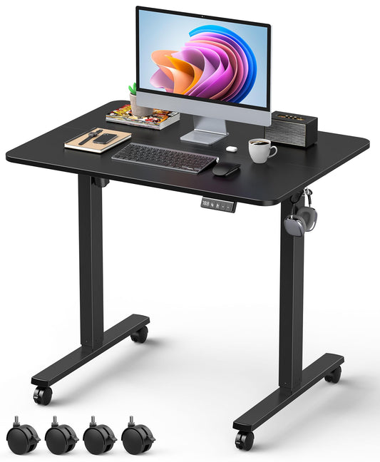 Xyndyx Small Height Adjustable Electric Standing Desk, 31.5" x 23.6" Sit Stand up Desk with Splice Board, Ergonomic Rising Computer Home Office Desk Table with Memory Preset, Black Frame/Black Top
