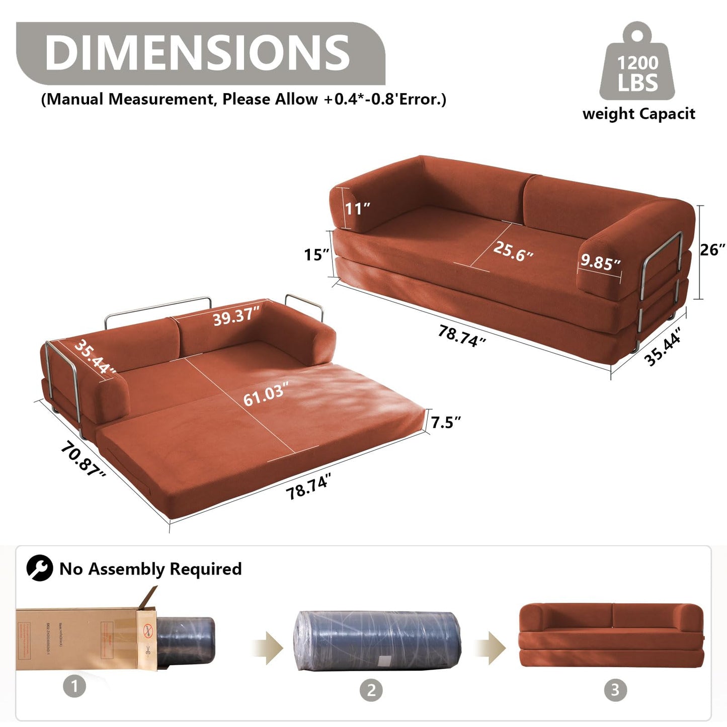 WHGBJA 79" Convertible Sleeper Sofa Bed with Cylindrical Pillow, Corduroy Folding Mattress Couch with Fixed-Shape Frame, Floor Sofa Lounge Couch for Living Room Bedroom Lounge Studio