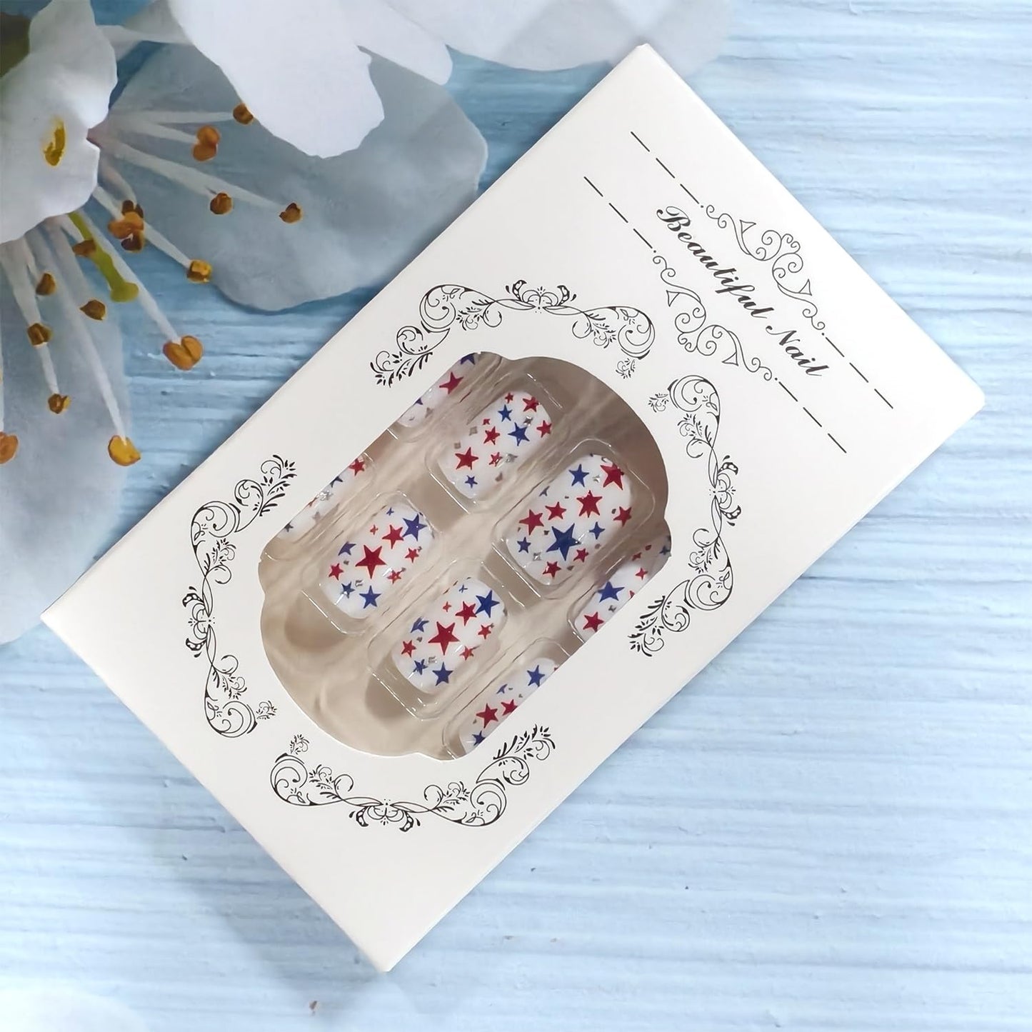 White Independence Day Press on Nails Medium Length Artificial Fingernails Colorful Stars Fake Nails Glossy 4th of July Glue on Nail Square Shaped Stick on Acrylic Nail for Women Holiday Manicure