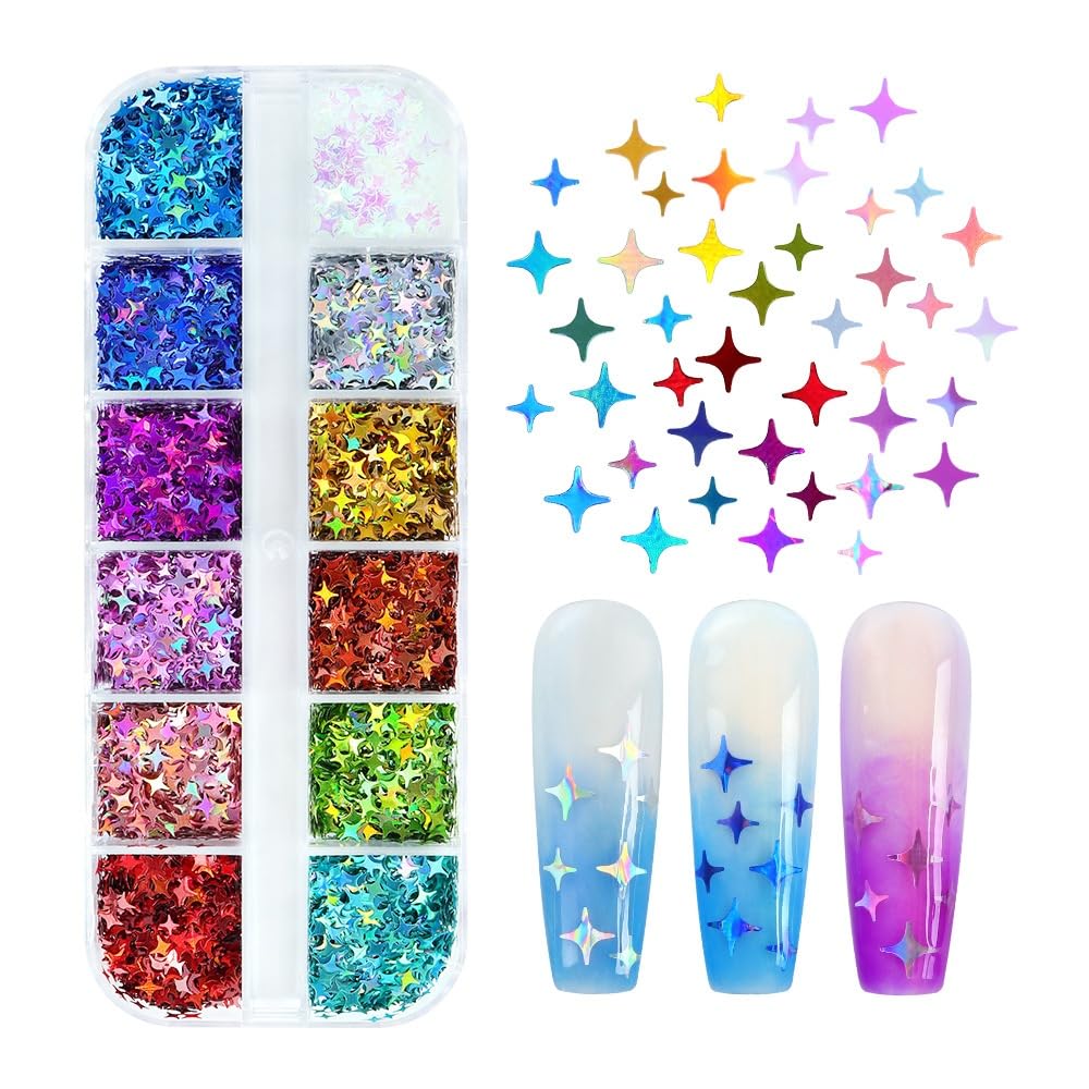 1 Box 12 Color Holographic Star Nail Glitter Silver Gold Nail Sequins 3D Colorful Nail Flakes Sparkly Powder Flakes Shiny Nail Glitter Laser Nail Sequins Glitter for Nails Art 12 Grids