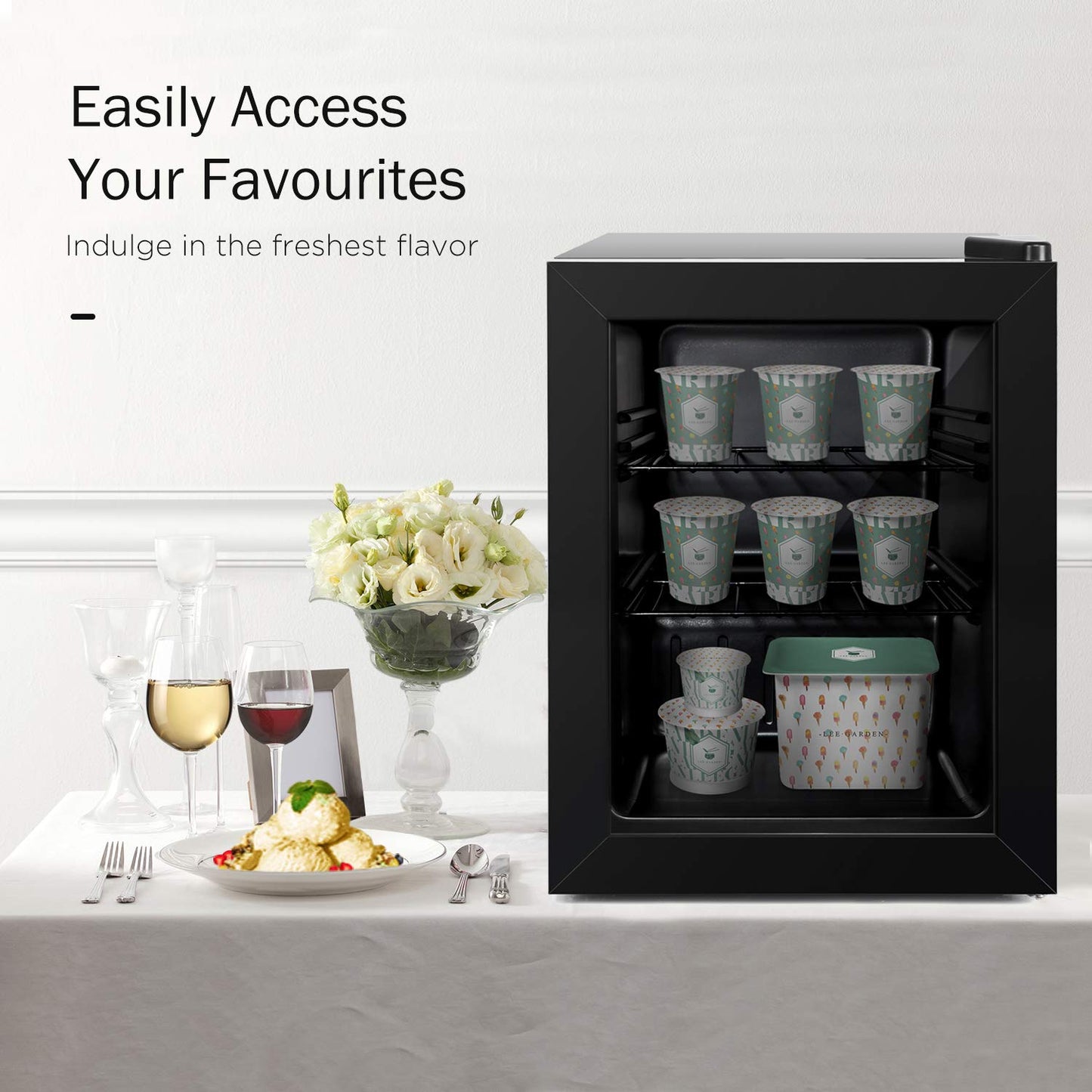 Watoor Compact Mini Freezer with LED Light 3-Layer Glass Display Door 2.1 Cu Ft with 2 Removable Shelves Quiet Upright Freezer 7 Temperature Settings Perfect for Liquor and Ice Cream