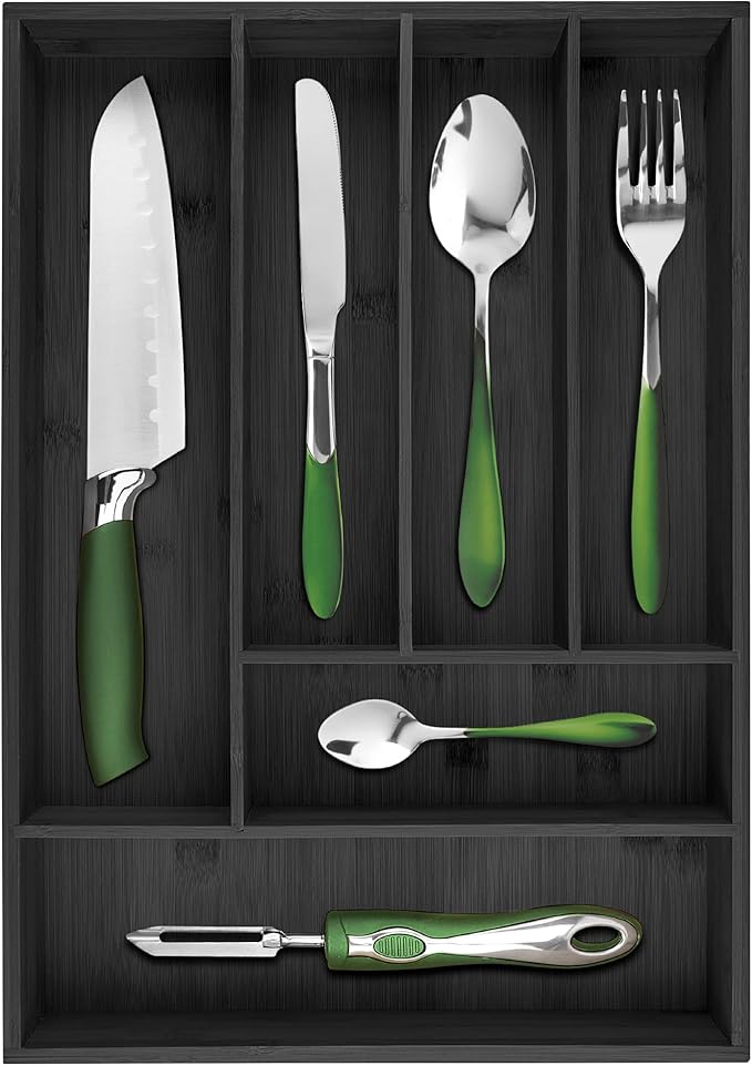 Pristine Bamboo silverware tray organizerâ Flatware Utensil Cutlery Silverware Holder for Drawer â Small Extra-Deep Wooden Kitchen Drawer Organizer Divider for Spoons Forks Knives (6-Slots, Black)