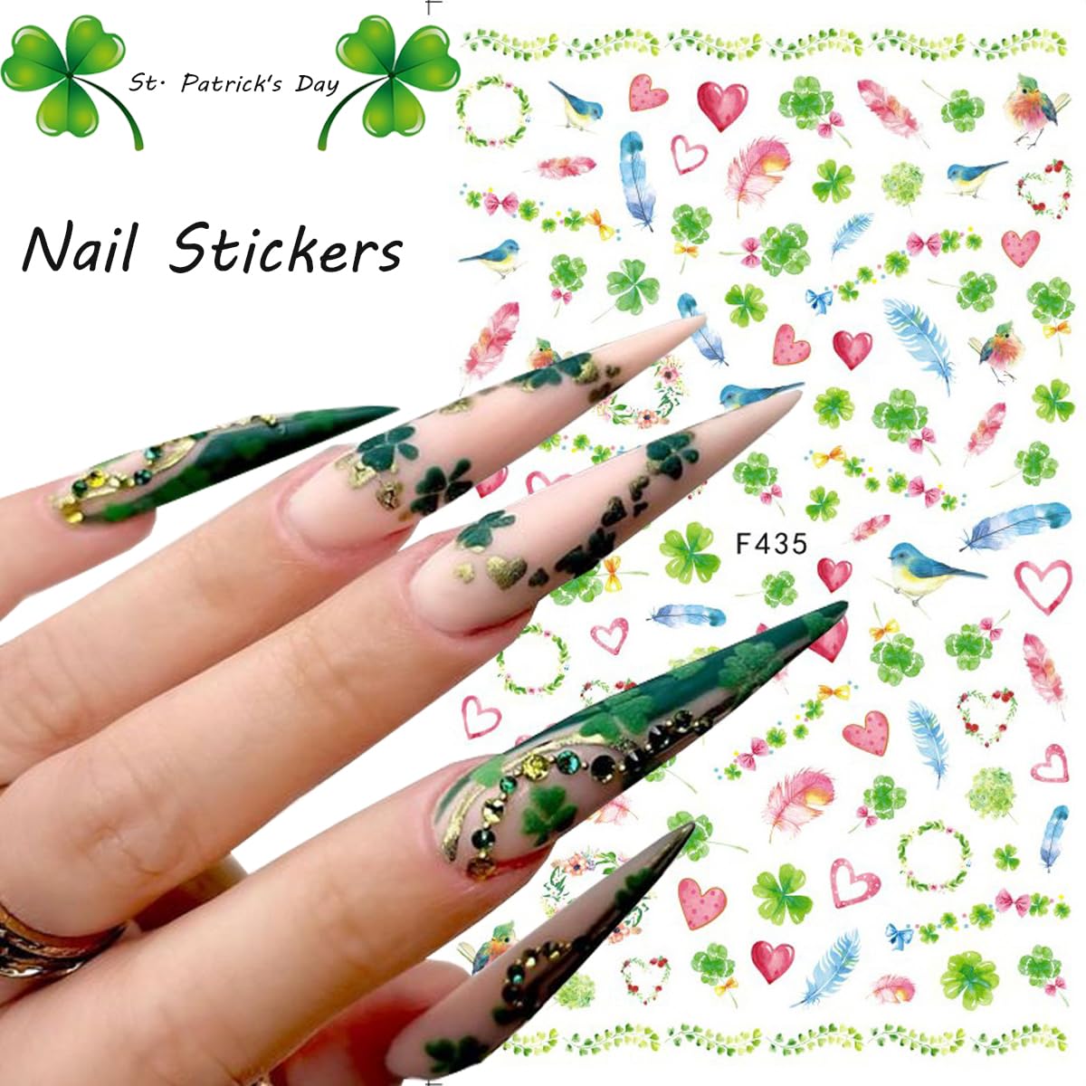 8PCS St. Patrick's Day Nail Art Stickers -Green Four-leaf Clover Leaf Nail Decals 3D Self Adhesive Luck of Irish Clover Nail Supplies Spring Summer Shamrock Design for St. Patrick's Day DIY Nail Decor