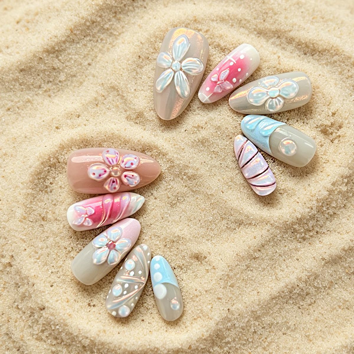 3D Press On Nails Almond Medium French Fake Nails with Cat's Eye Embossed Flower&Butterfly Summer Designs, Acrylic Artificial Nail Press ons False Stick On Nails for Women Girls 30Pcs