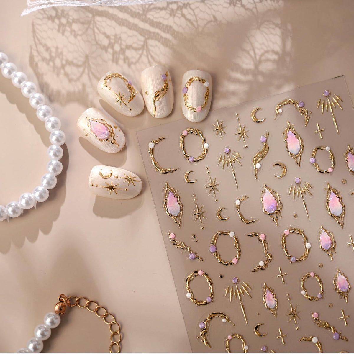 Gold Nail Stickers Star Moon Nail Art Stickers Gemstone Nails Decals Design 5D Embossed Self Adhesive Nails Charms Supply Decoration for Women 1 Sheets