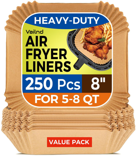 250 Pcs 8" Square Air Fryer Liners Disposable, Unbleached Parchment Paper Liners for Airfryer Basket, Non-Stick & Leakproof Baking Paper for Oven Roasting